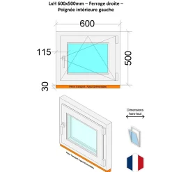 Hexa’Fen Fenêtre PVC - LxH 600x500 mm -Triple Vitrage - Bicolore blanc int/anthracite ext-poignée à gauche- Fenêtre Pvc