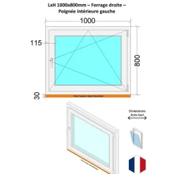 Hexa’Fen Fenêtre Pvc<Fenêtre PVC - LxH 1000x800 mm -Triple Vitrage - Blanc -poignée à gauche