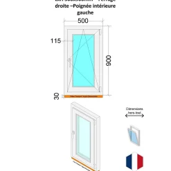Hexa’Fen Fenêtre Pvc<Fenêtre PVC - LxH 500x900 mm -Triple Vitrage - Blanc -poignée à gauche