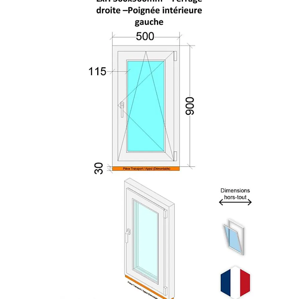 Hexa’Fen Fenêtre Pvc<Fenêtre PVC - LxH 500x900 mm -Triple Vitrage - Blanc -poignée à gauche