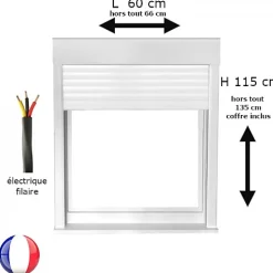 Gefradis Fenêtre PVC 1 vantail avec volet roulant électrique H 115 x L 60 cm pour pose en neuf - tirant droit- Fenêtre Pvc