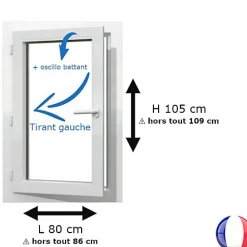 Gefradis Fenêtre PVC 1 vantail H 105 x L 80 cm OB pour pose en neuf avec poignée - tirant gauche- Fenêtre Pvc