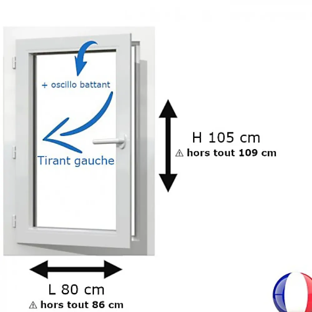 Gefradis Fenêtre PVC 1 vantail H 105 x L 80 cm OB pour pose en neuf avec poignée - tirant gauche- Fenêtre Pvc