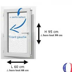 Gefradis Fenêtre PVC 1 vantail H 95 x L 60 cm OB verre brouillé pour pose en neuf - tirant gauche- Fenêtre Pvc