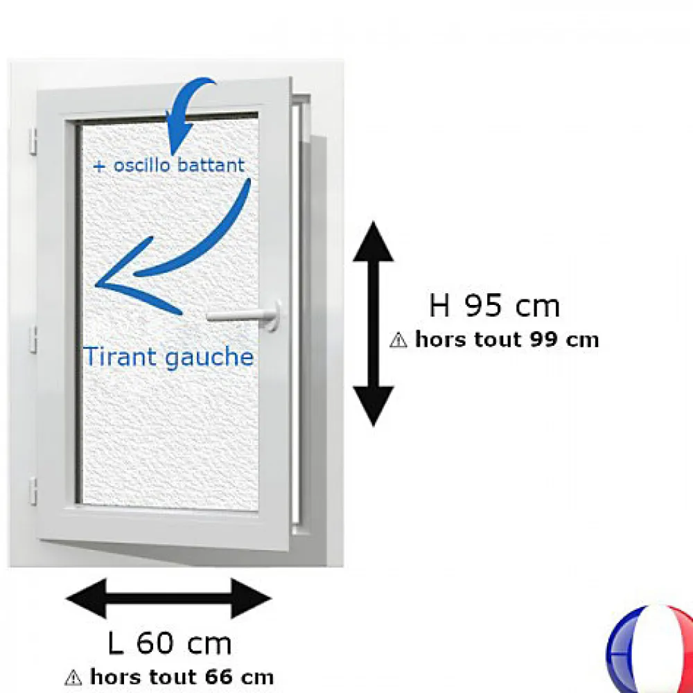 Gefradis Fenêtre PVC 1 vantail H 95 x L 60 cm OB verre brouillé pour pose en neuf - tirant gauche- Fenêtre Pvc