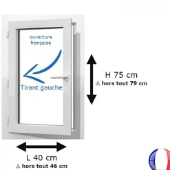Gefradis Fenêtre PVC 1 vantail H 75 x L 40 cm OF pour pose en neuf avec poignée - tirant gauche- Fenêtre Pvc
