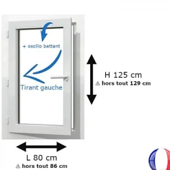 Gefradis Fenêtre Pvc<Fenêtre PVC 1 vantail H 125 x L 80 cm OB pour pose en neuf avec poignée - tirant gauche