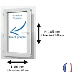 Gefradis Fenêtre PVC 1 vantail H 105 x L 80 cm OF pour pose en neuf avec poignée - tirant gauche- Fenêtre Pvc
