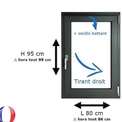 Gefradis Fenêtre PVC 1 vantail H 95 x L 80 cm OB anthracite pour pose en neuf - tirant droit- Fenêtre Pvc