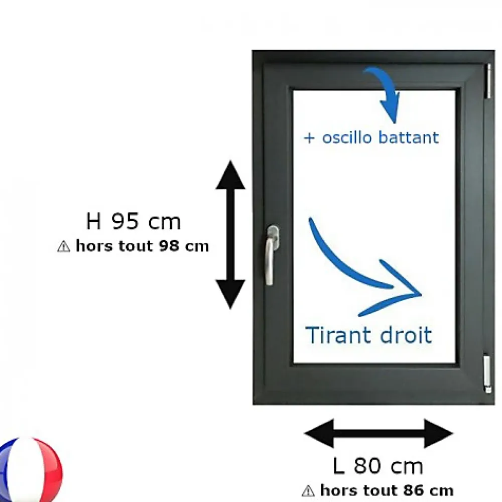 Gefradis Fenêtre PVC 1 vantail H 95 x L 80 cm OB anthracite pour pose en neuf - tirant droit- Fenêtre Pvc