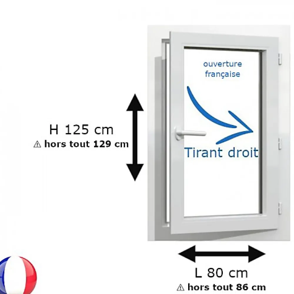 Gefradis Fenêtre PVC 1 vantail H 125 x L 80 cm OF pour pose en neuf avec poignée - tirant droit- Fenêtre Pvc
