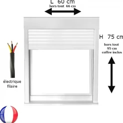 Gefradis Fenêtre PVC 1 vantail oscillo-battant avec volet roulant électrique H 75 x L 60 cm pour pose en neuf - poignée à droite- Fenêtre Pvc