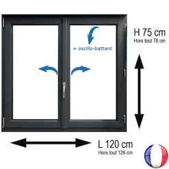 Gefradis Fenêtre PVC 2 vantaux H 75 x L 120 cm OB anthracite pour pose en neuf avec poignée- Fenêtre Pvc