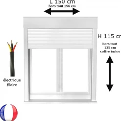 Gefradis Fenêtre PVC 2 vantaux oscillo-battant avec volet roulant électrique H 115 x L 150 cm pour pose en neuf- Fenêtre Pvc
