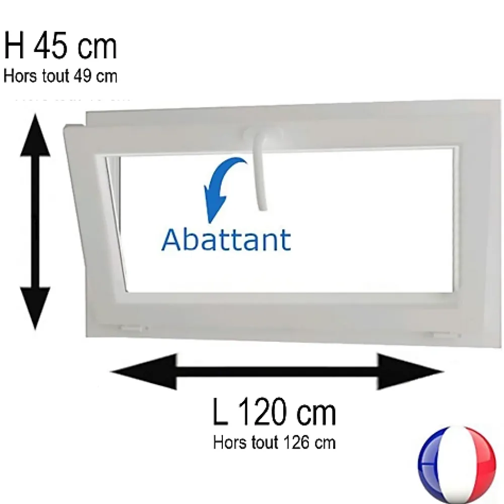 Gefradis Fenêtre PVC abattant 1 vantail blanc H 45 x L 120 cm avec poignée pour pose en neuf- Fenêtre Pvc