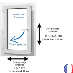 Gefradis Fenêtre PVC blanc 1 vantail hors tout H 106 x L 66 cm ouverture française pour pose rénovation - tirant gauche- Fenêtre Pvc