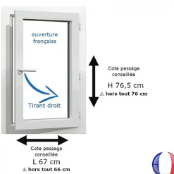 Gefradis Fenêtre PVC blanc 1 vantail hors tout H 76 x L 66 cm ouverture française pour pose rénovation - tirant droit- Fenêtre Pvc