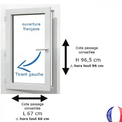 Gefradis Fenêtre PVC blanc 1 vantail hors tout H 96 x L 66 cm ouverture française pour pose rénovation - tirant gauche- Fenêtre Pvc