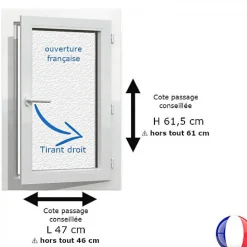 Gefradis Fenêtre PVC blanc 1 vantail hors tout H 61 x L 46 cm ouverture française verre brouillé pour pose rénovation - tirant droit- Fenêtre Pvc
