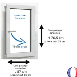 Gefradis Fenêtre PVC blanc 1 vantail hors tout H 76 x L 86 cm ouverture française pour pose rénovation - tirant droit- Fenêtre Pvc