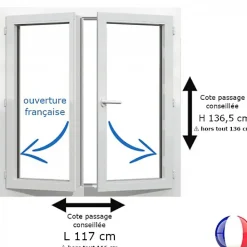 Gefradis Fenêtre PVC blanc 2 vantaux hors tout H 136 x L 116 cm ouverture française pour pose rénovation- Fenêtre Pvc