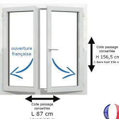 Gefradis Fenêtre PVC blanc 2 vantaux hors tout H 156 x L 86 cm ouverture française pour pose rénovation- Fenêtre Pvc