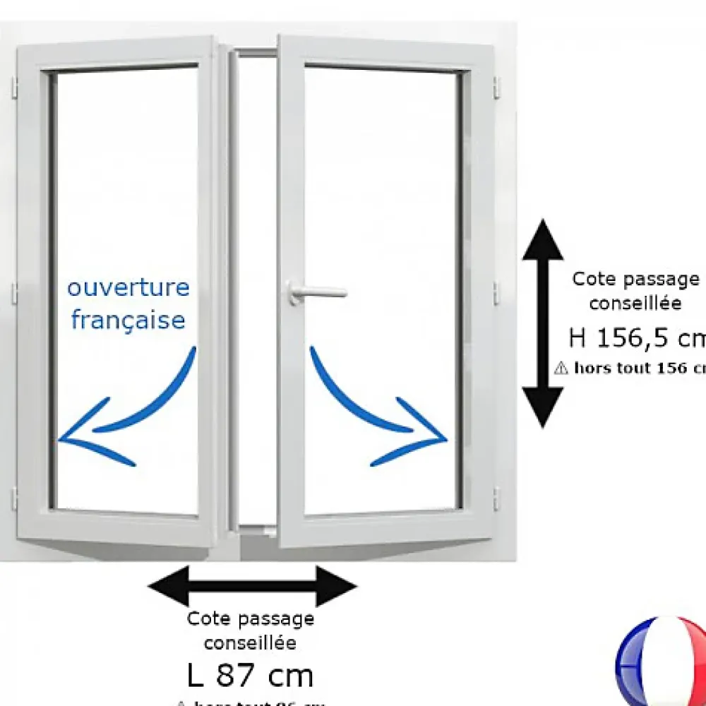 Gefradis Fenêtre PVC blanc 2 vantaux hors tout H 156 x L 86 cm ouverture française pour pose rénovation- Fenêtre Pvc