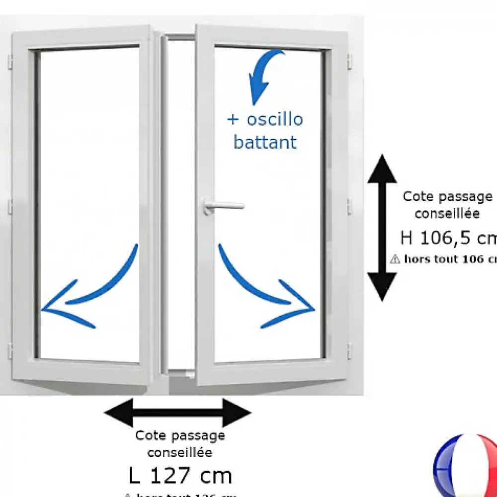 Gefradis Fenêtre Pvc<Fenêtre PVC blanc 2 vantaux hors tout H 106 x L 126 cm oscillo battant pour pose rénovation