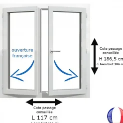 Gefradis Fenêtre PVC blanc 2 vantaux hors tout H 186 x L 116 cm ouverture française pour pose rénovation- Fenêtre Pvc