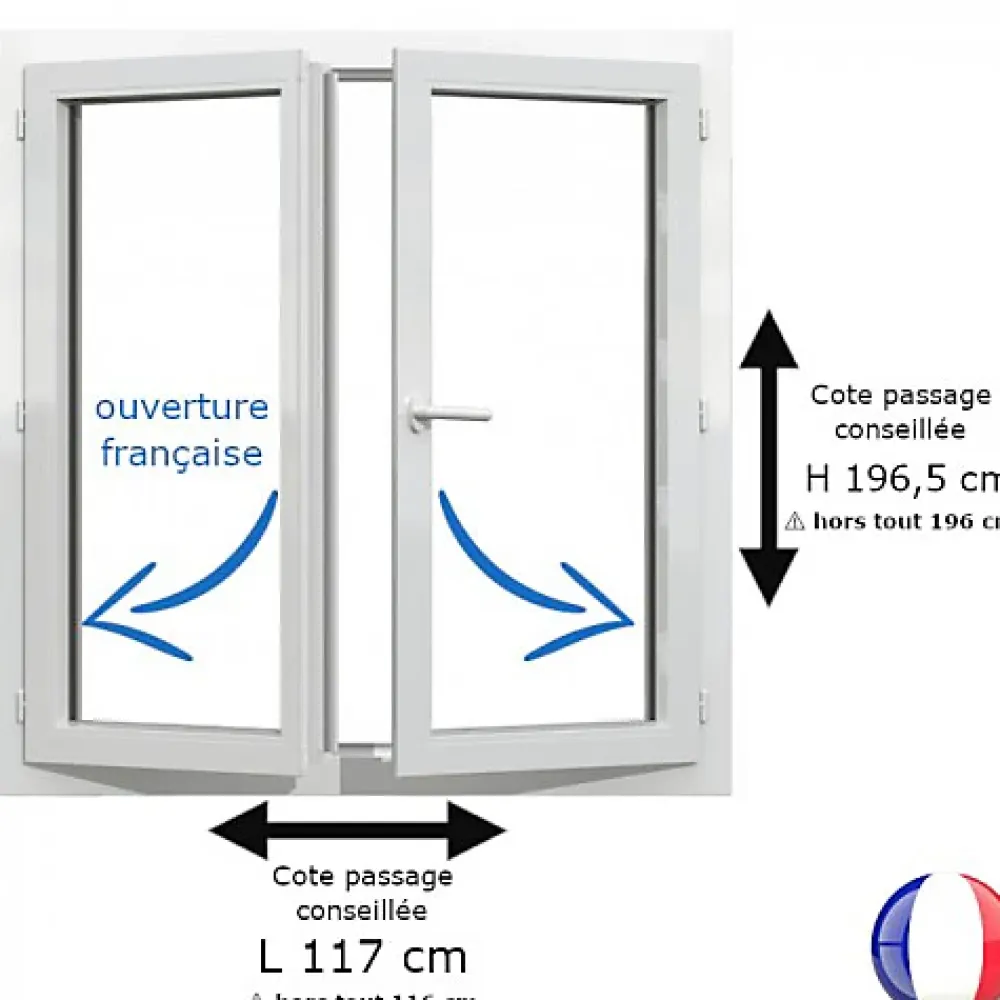 Gefradis Fenêtre PVC blanc 2 vantaux hors tout H 196 x L 116 cm ouverture française pour pose rénovation- Fenêtre Pvc