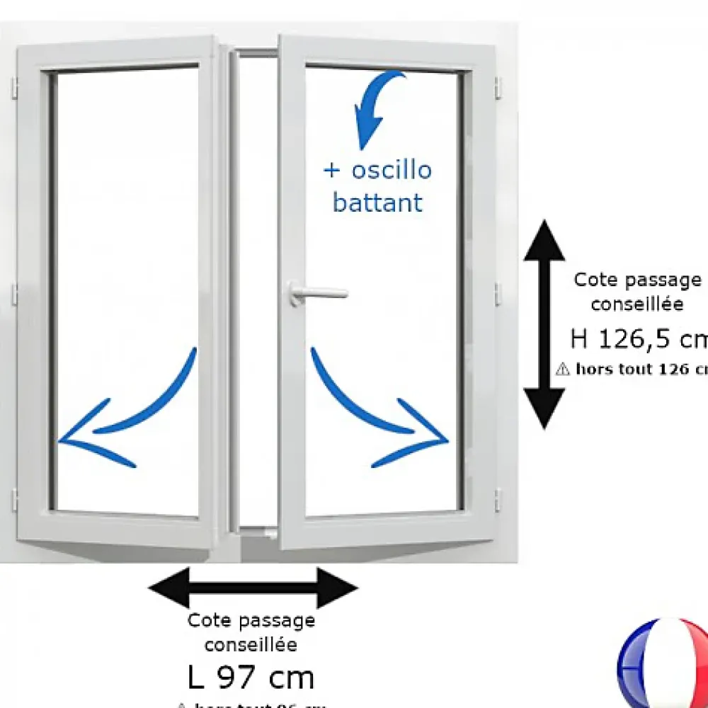 Gefradis Fenêtre PVC blanc 2 vantaux hors tout H 126 x L 96 cm oscillo battant pour pose rénovation- Fenêtre Pvc