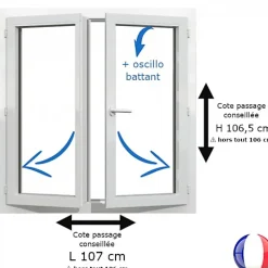 Gefradis Fenêtre PVC blanc 2 vantaux hors tout H 106 x L 106 cm oscillo battant pour pose rénovation- Fenêtre Pvc