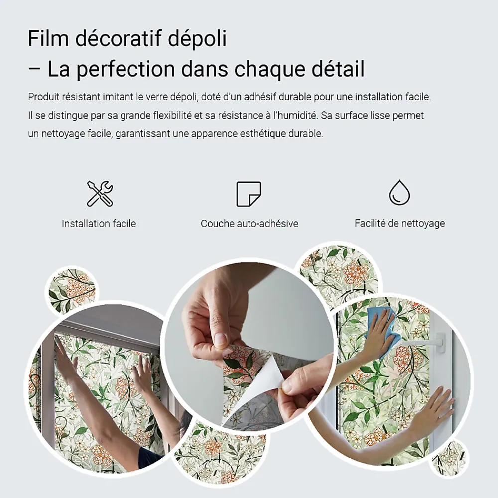 Wallfluent Film dépoli blanc adhésif 50x100 cm décoratif vitrail Élégance Feuillue 1 rol.- Film Occultant Pour Vitrage