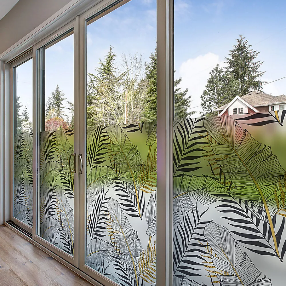Ambiance Sticker Film Fenêtre Anti Regard Occultant - FEUILLES DE PALMIER CHIC - Stickers pour Vitres & Porte de Douche - 40x200cm- Film Occultant Pour Vitrage