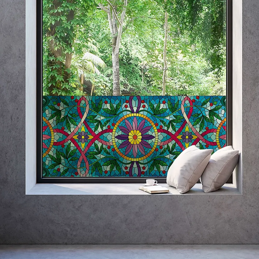 Ambiance Sticker Film Fenêtre Anti Regard Occultant - VITRAIL LIANES ET FLEURS - Stickers pour Vitres & Porte de Douche - 40x100cm- Film Occultant Pour Vitrage