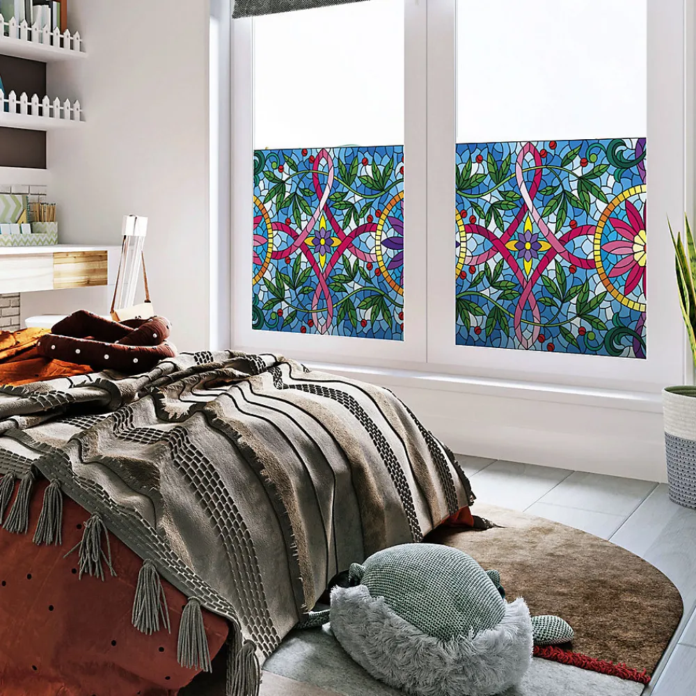 Ambiance Sticker Film Fenêtre Anti Regard Occultant - VITRAIL LIANES ET FLEURS - Stickers pour Vitres & Porte de Douche - 40x100cm- Film Occultant Pour Vitrage