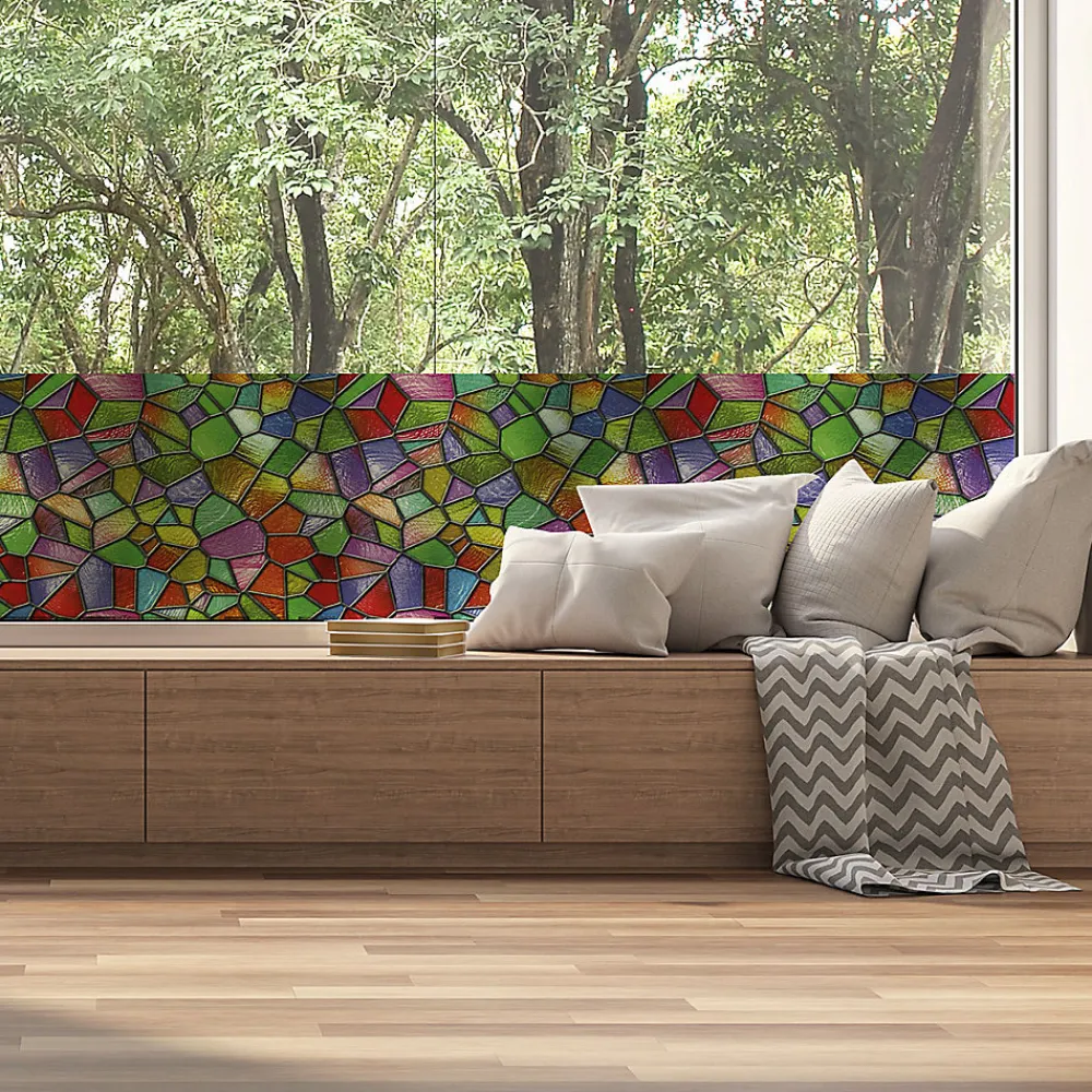 Ambiance Sticker Film Fenêtre Anti Regard Occultant - VITRAIL MULTICOLOR - Stickers pour Vitres & Porte de Douche - 40x100cm- Film Occultant Pour Vitrage