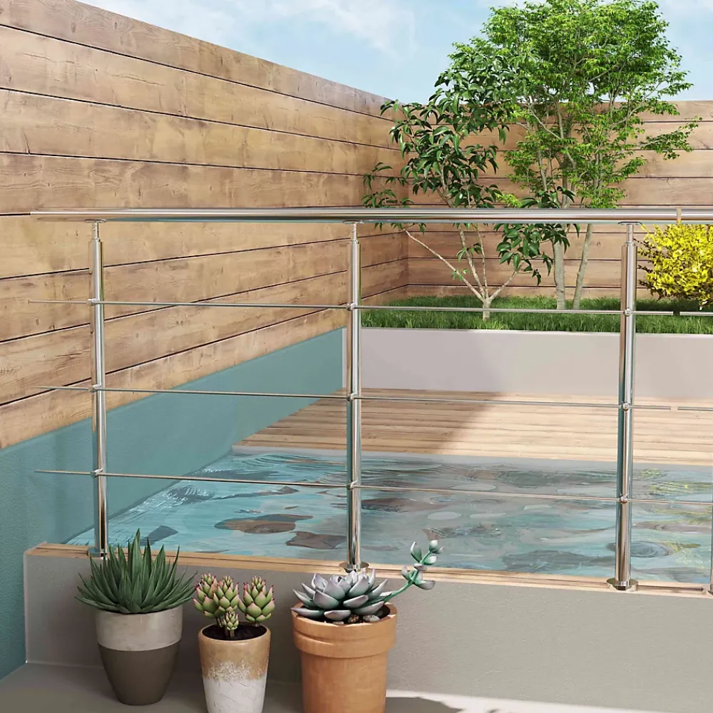 Saniland Garde corps en inox 304 a 3 traverses Longueur 200 cm Fixation a plat pour terrasse ou escalier- Garde-Corps, Balustrade