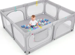 Giantex Barrière De Sécurité<Grand Parc Bébé Centre Activités Base Antidérapante Paroi en Maille Respirante Portes Zippées 50 Balles Océaniques Gris