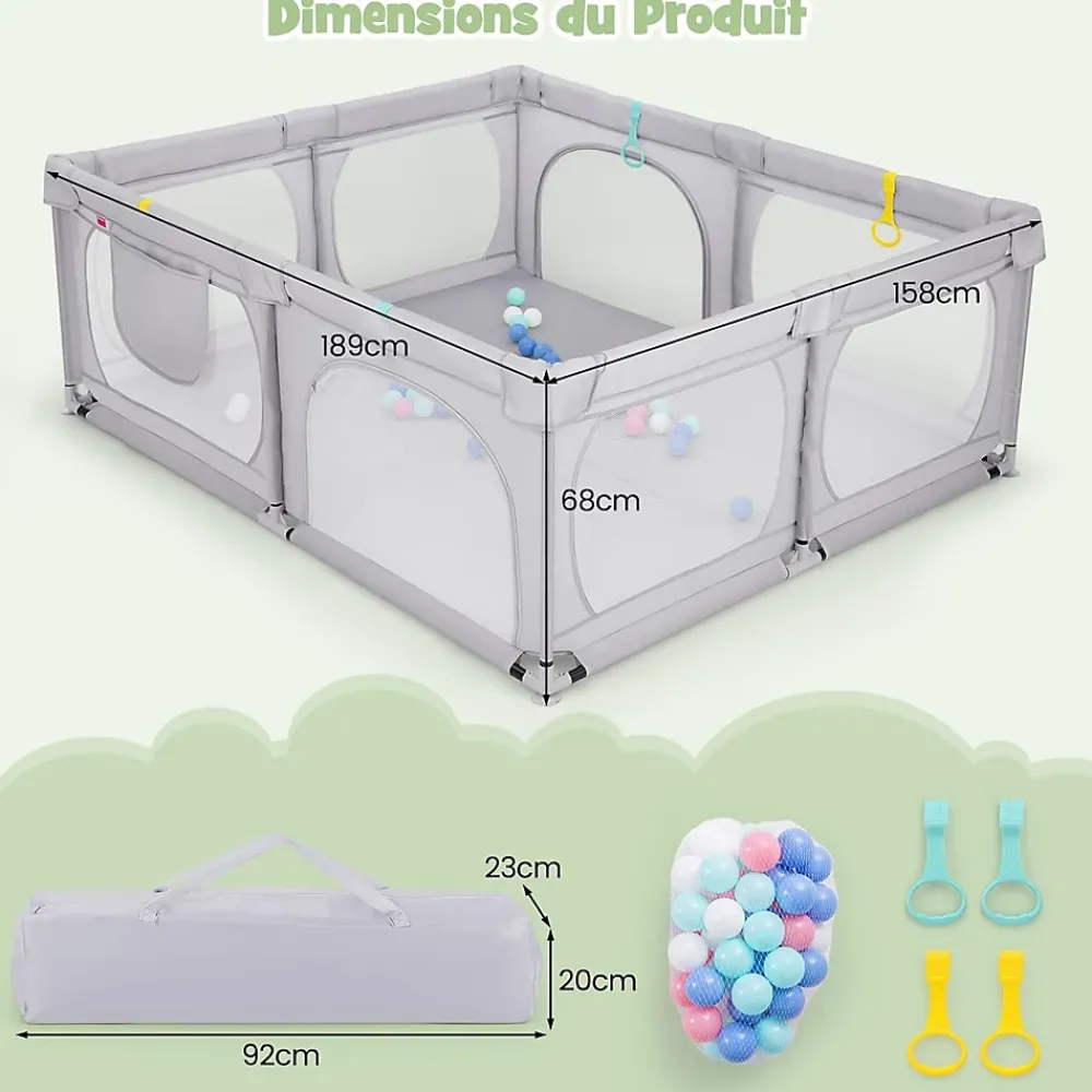 Giantex Barrière De Sécurité<Grand Parc Bébé Centre Activités Base Antidérapante Paroi en Maille Respirante Portes Zippées 50 Balles Océaniques Gris