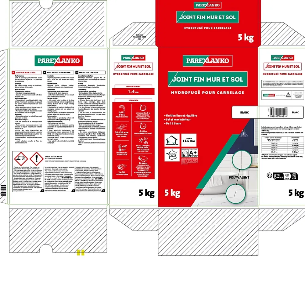 Parexlanko Joint Carrelage Sol|Joint Carrelage Mural<Joint fin pour carrelage mur et sol blanc 5 kg