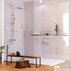 Kobert-in Kit de 2 Panneaux d'Habillage Décoratif Mural Douche, L120xl120x0.4 cm, finition marbre blanc, Mud White KOBERTIN- Panneau Mural De Salle De Bains