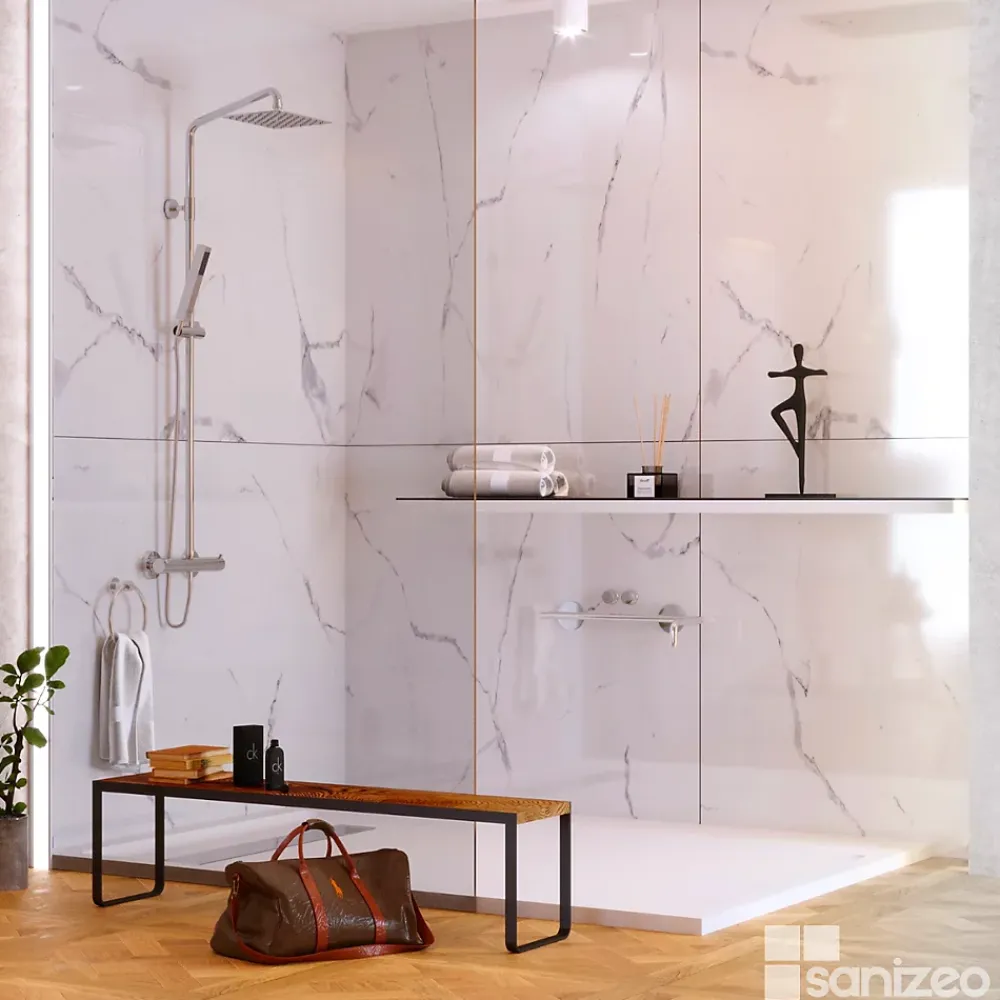 Kobert-in Kit de 2 Panneaux d'Habillage Décoratif Mural Douche, L120xl120x0.4 cm, finition marbre blanc, Mud White KOBERTIN- Panneau Mural De Salle De Bains