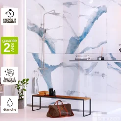 Kobert-in Panneau Mural De Salle De Bains<Kit de 2 Panneaux d'Habillage Décoratif Mural Douche, L120xl120x0.4 cm, finition bleu, Calacatta BLUE KOBERTIN