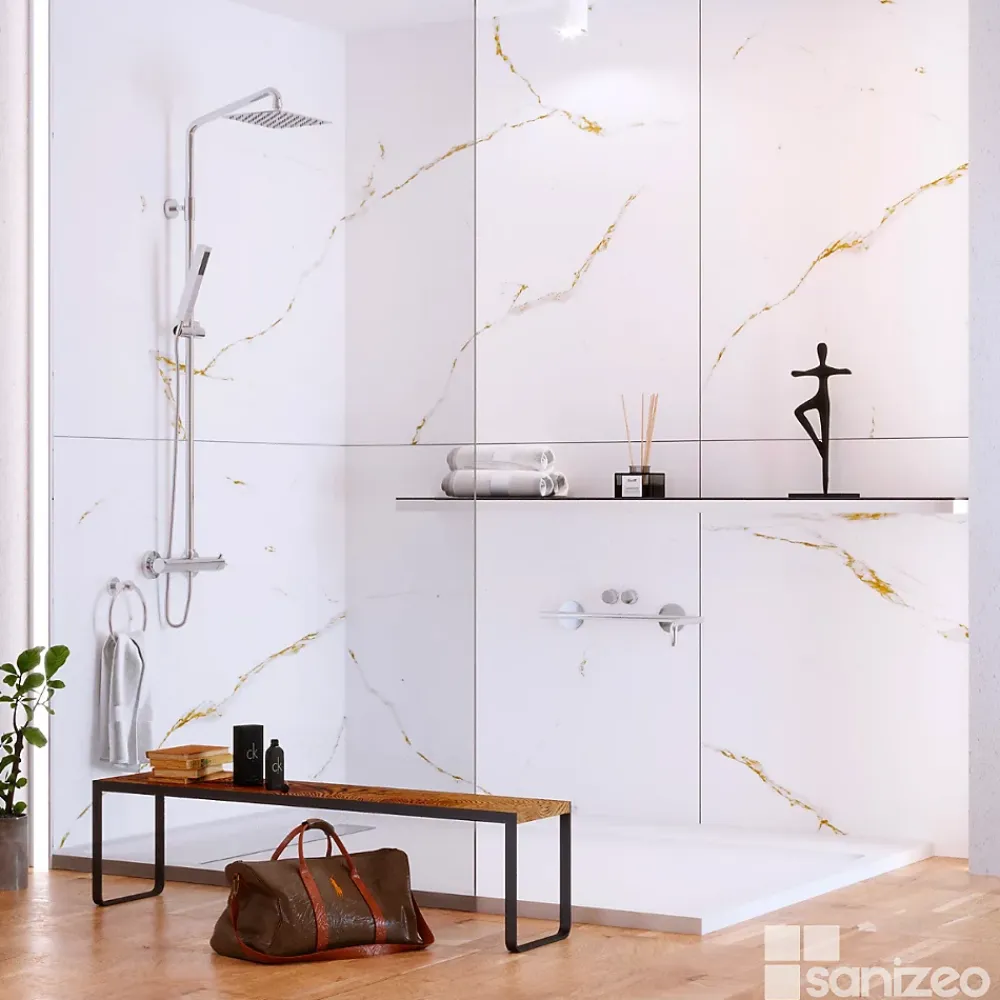 Kobert-in Kit de 2 Panneaux d'Habillage Décoratif Mural Douche, L120xl120x0.4 cm, finition doré, Calacatta GOLD KOBERTIN- Panneau Mural De Salle De Bains