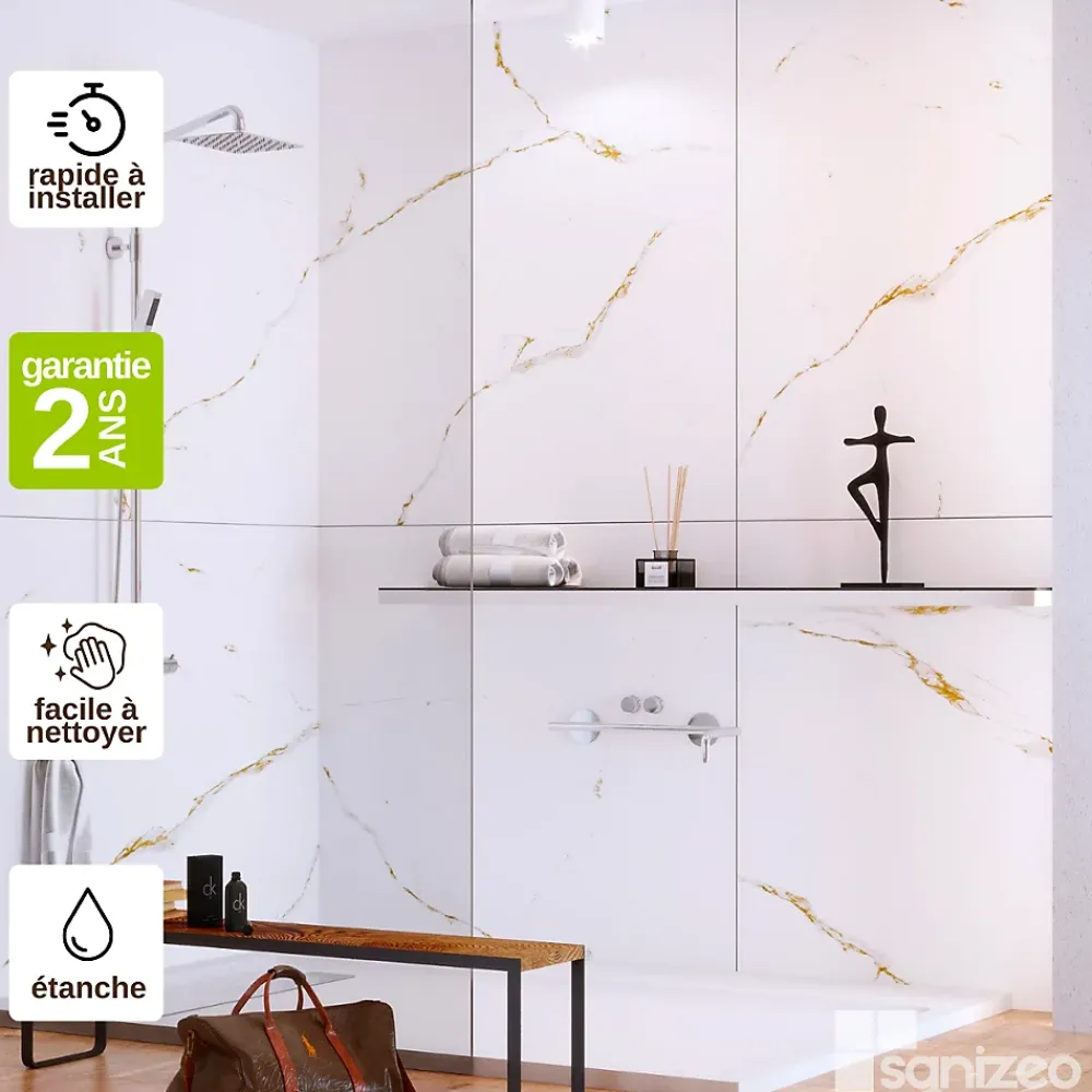 Kobert-in Kit de 2 Panneaux d'Habillage Décoratif Mural Douche, L120xl120x0.4 cm, finition doré, Calacatta GOLD KOBERTIN- Panneau Mural De Salle De Bains