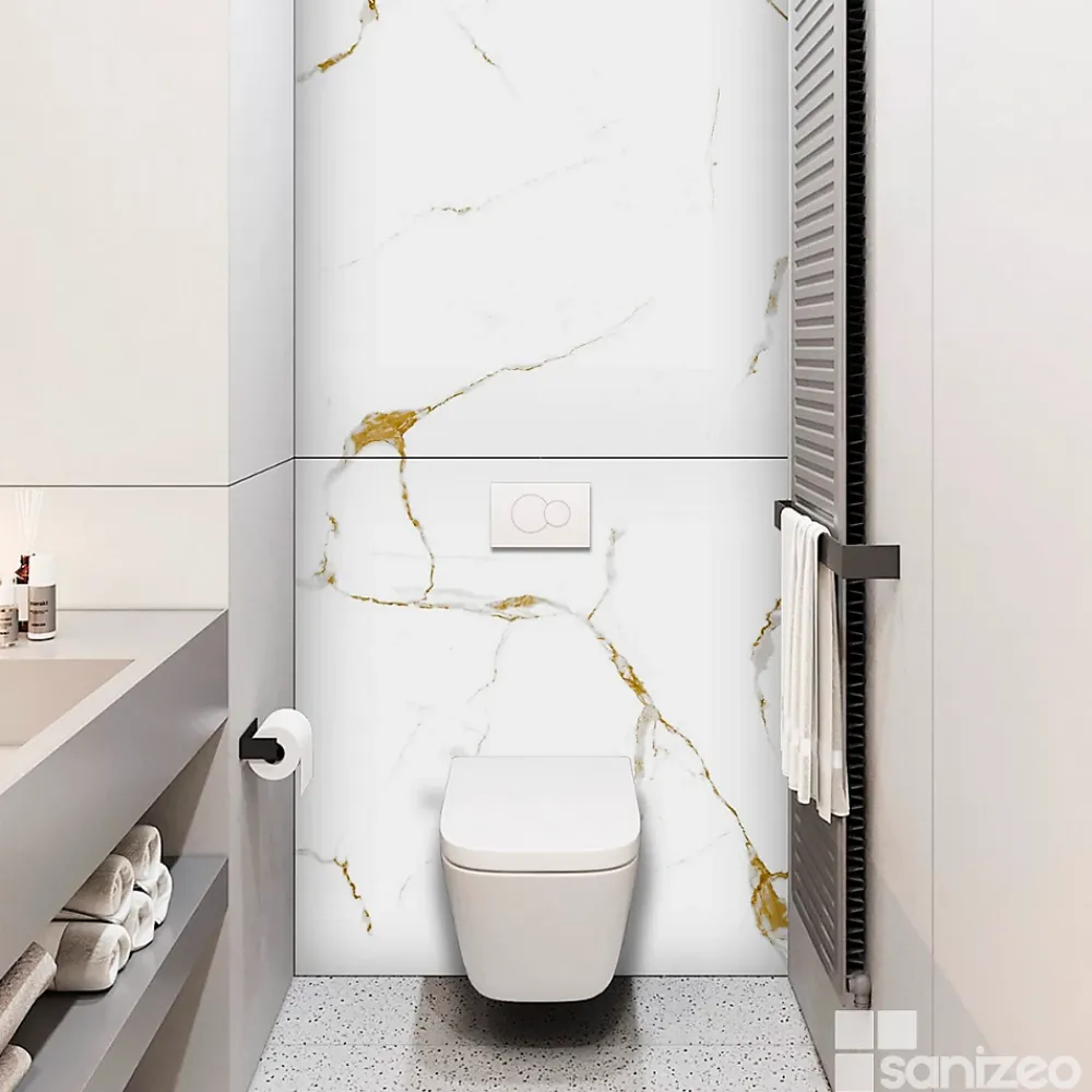 Kobert-in Kit de 2 Panneaux d'Habillage Décoratif Mural Douche, L120xl120x0.4 cm, finition doré, Calacatta GOLD KOBERTIN- Panneau Mural De Salle De Bains