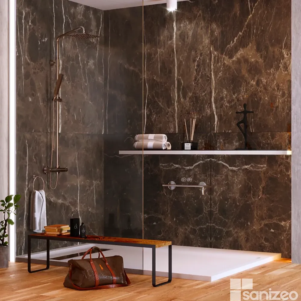 Kobert-in Kit de 2 Panneaux d'Habillage Décoratif Mural Douche, L120xl120x0.4 cm, finition marbre marron, Emperador KOBERTIN- Panneau Mural De Salle De Bains