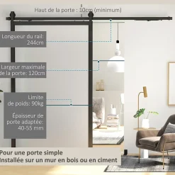 HOMCOM Kit de porte coulissante système galandage pour porte ép. 40-55 mm longueur rail 2,44 m charge max. 90 Kg acier au carbone noir- Porte Coulissante