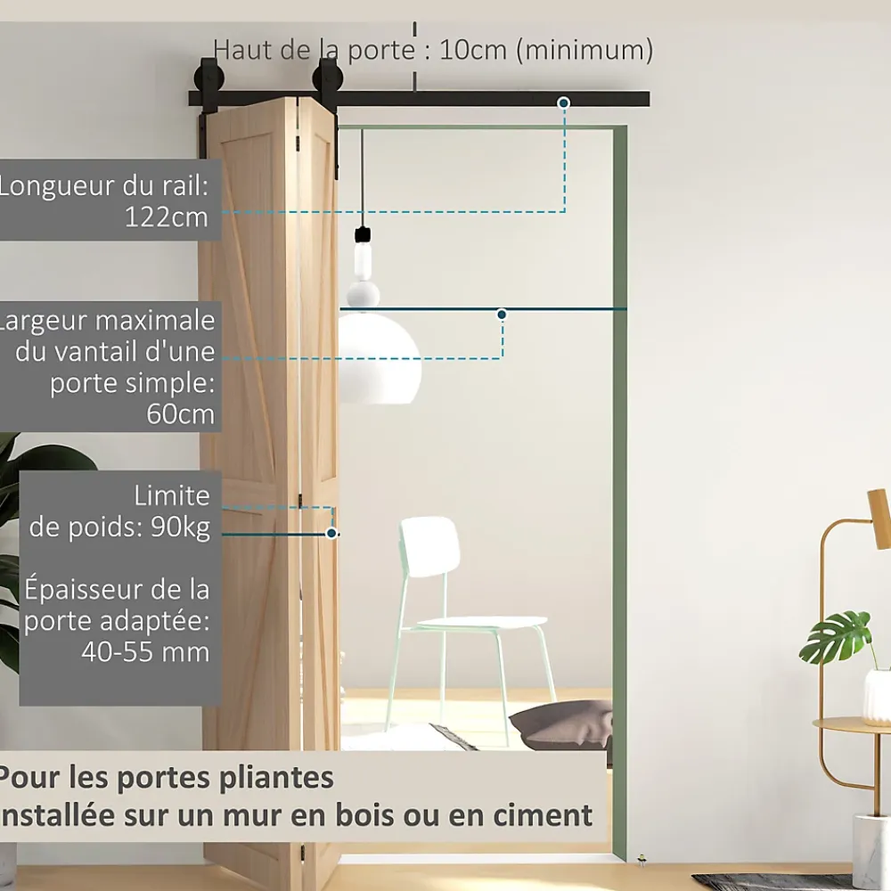 Homcom Porte Coulissante<Kit de porte coulissante compatibilité porte épaisseur 40-55 mm longueur rail 1,22 m charge max. 90 Kg acier au carbone noir